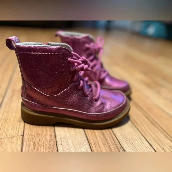 UGG Robley Glitter Combat Boots Youth 3 Berry rose pink Sparkly Rain - Picture 2 of 7
